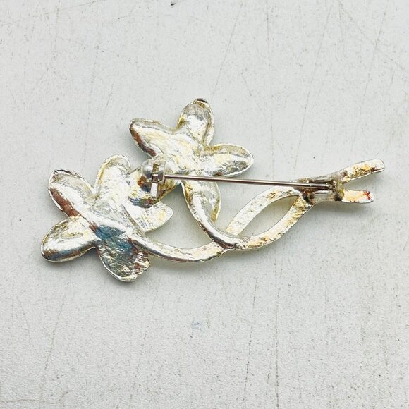 Vintage Blue Floral Bouquet Pin Silver Tone Glittery Enamel Rhinestone Center - Picture 5 of 5